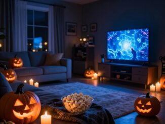 Obývací pokoj s dýněmi a rozsvícenou televizí o Halloweenu