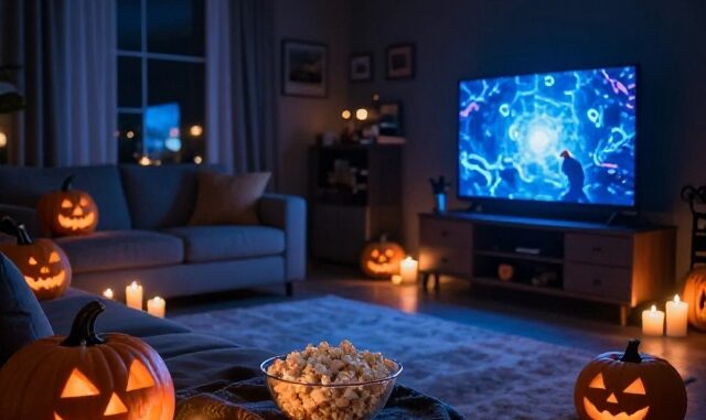 Obývací pokoj s dýněmi a rozsvícenou televizí o Halloweenu