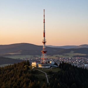 Televizní vysílač na hřebeni hor nad městem