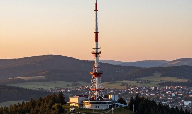Televizní vysílač na hřebeni hor nad městem