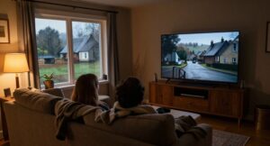 Pár sleduje nedělní večer kriminální seriál v televizi