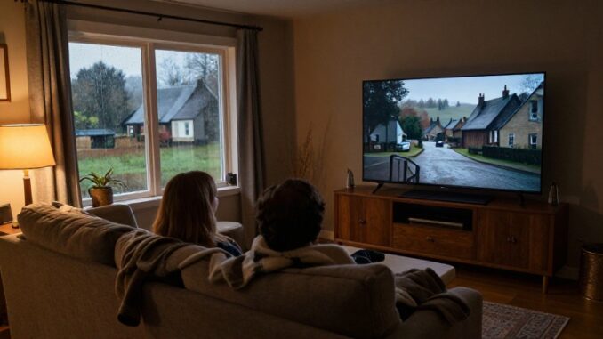 Pár sleduje nedělní večer kriminální seriál v televizi