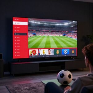 Fotbalový fanoušek sleduje přenos zápasu na velké televizi