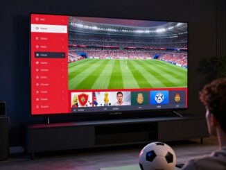Fotbalový fanoušek sleduje přenos zápasu na velké televizi