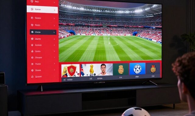 Fotbalový fanoušek sleduje přenos zápasu na velké televizi