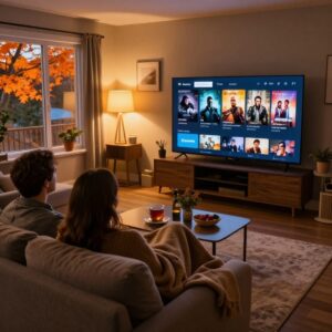 Pár sleduje Netflix v obývacím pokoji za podzimního večera