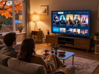 Pár sleduje Netflix v obývacím pokoji za podzimního večera