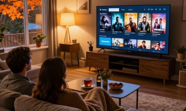 Pár sleduje Netflix v obývacím pokoji za podzimního večera