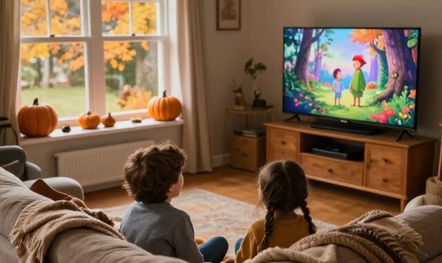 Děti sledují pohádku v televizi o podzimních prázdninách