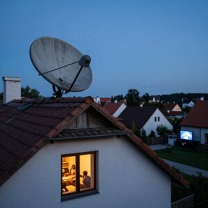Satelitní parabola na střeše rodinného domu při soumraku