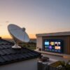 Satelitní parabola na střeše domu a televize se streamovací službou
