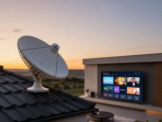 Satelitní parabola na střeše domu a televize se streamovací službou
