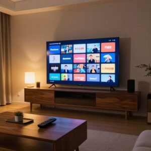 Smart TV v obývacím pokoji s nabídkou televizních kanálů