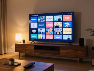 Smart TV v obývacím pokoji s nabídkou televizních kanálů