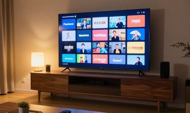 Smart TV v obývacím pokoji s nabídkou televizních kanálů