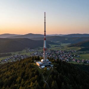 Televizní vysílač na zalesněném hřebeni nad vesnicí při východu slunce