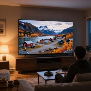 Televize v obývacím pokoji s dokumentem o odlehlé osadě v divočině