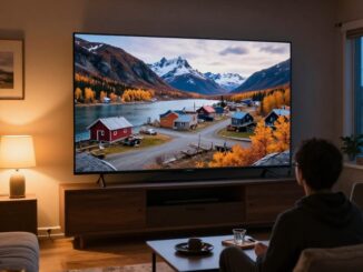 Televize v obývacím pokoji s dokumentem o odlehlé osadě v divočině