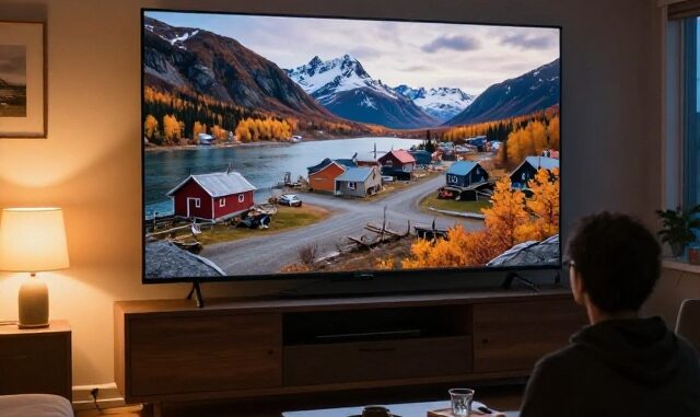 Televize v obývacím pokoji s dokumentem o odlehlé osadě v divočině