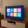 Starší televize v obýváku s připojeným streamovacím boxem a ovladačem