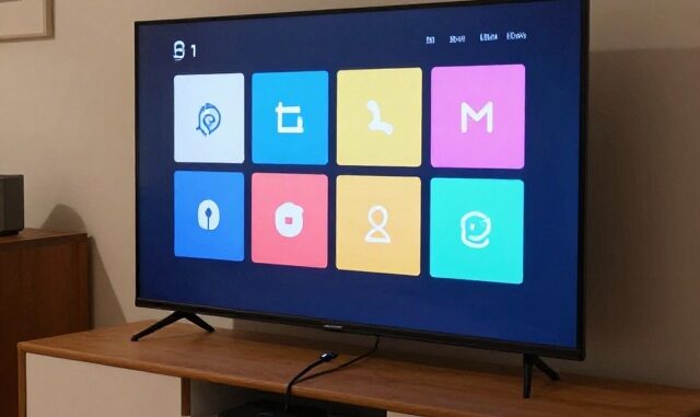 Starší televize v obýváku s připojeným streamovacím boxem a ovladačem