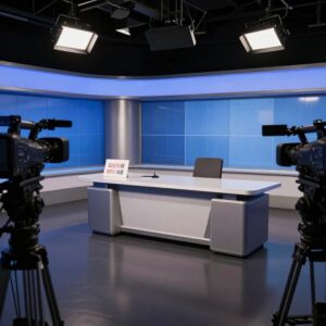 Prázdné televizní studio se zhasnutými světly a cedulí na stole
