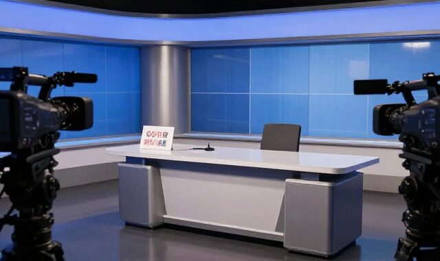 Prázdné televizní studio se zhasnutými světly a cedulí na stole