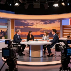Televizní studio talk show s moderátory a hosty u stolu