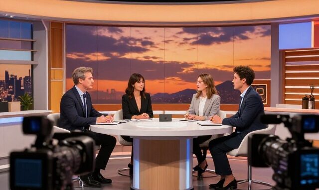 Televizní studio talk show s moderátory a hosty u stolu