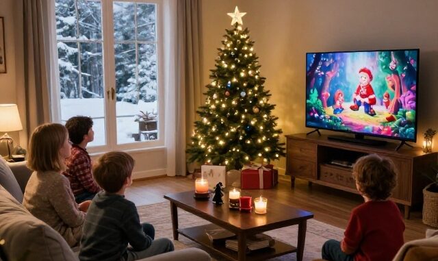 Rodina sleduje vánoční pohádku v televizi u stromečku