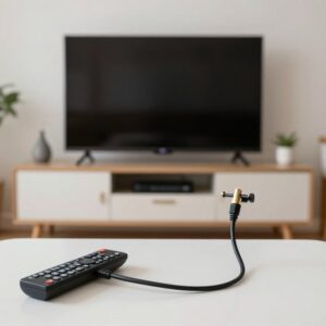 Televizor s připojeným koaxiálním kabelem a dálkovým ovladačem