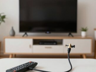Televizor s připojeným koaxiálním kabelem a dálkovým ovladačem
