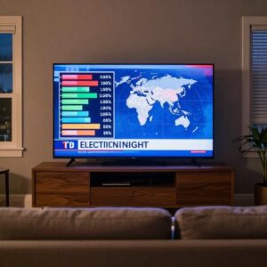 Televize v obývacím pokoji s volebním studiem a průběžnými výsledky voleb