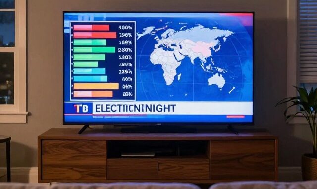 Televize v obývacím pokoji s volebním studiem a průběžnými výsledky voleb