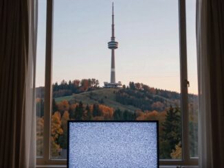 Televizní vysílač na kopci a televize bez signálu