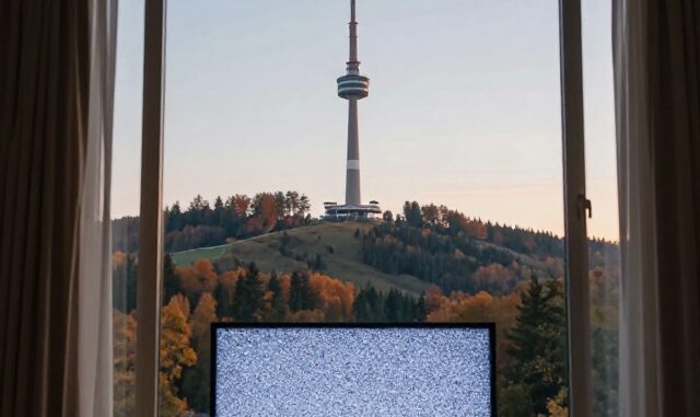 Televizní vysílač na kopci a televize bez signálu