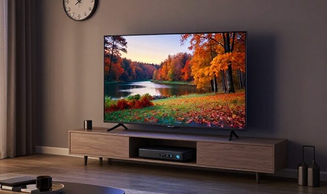 Obývací pokoj s televizí, set-top boxem a nástěnnými hodinami