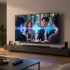Soundbar pod televizí, na obrazovce mluví herci