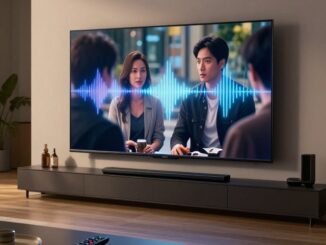 Soundbar pod televizí, na obrazovce mluví herci