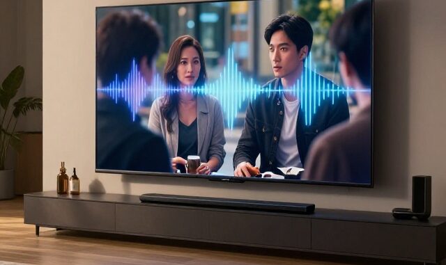 Soundbar pod televizí, na obrazovce mluví herci